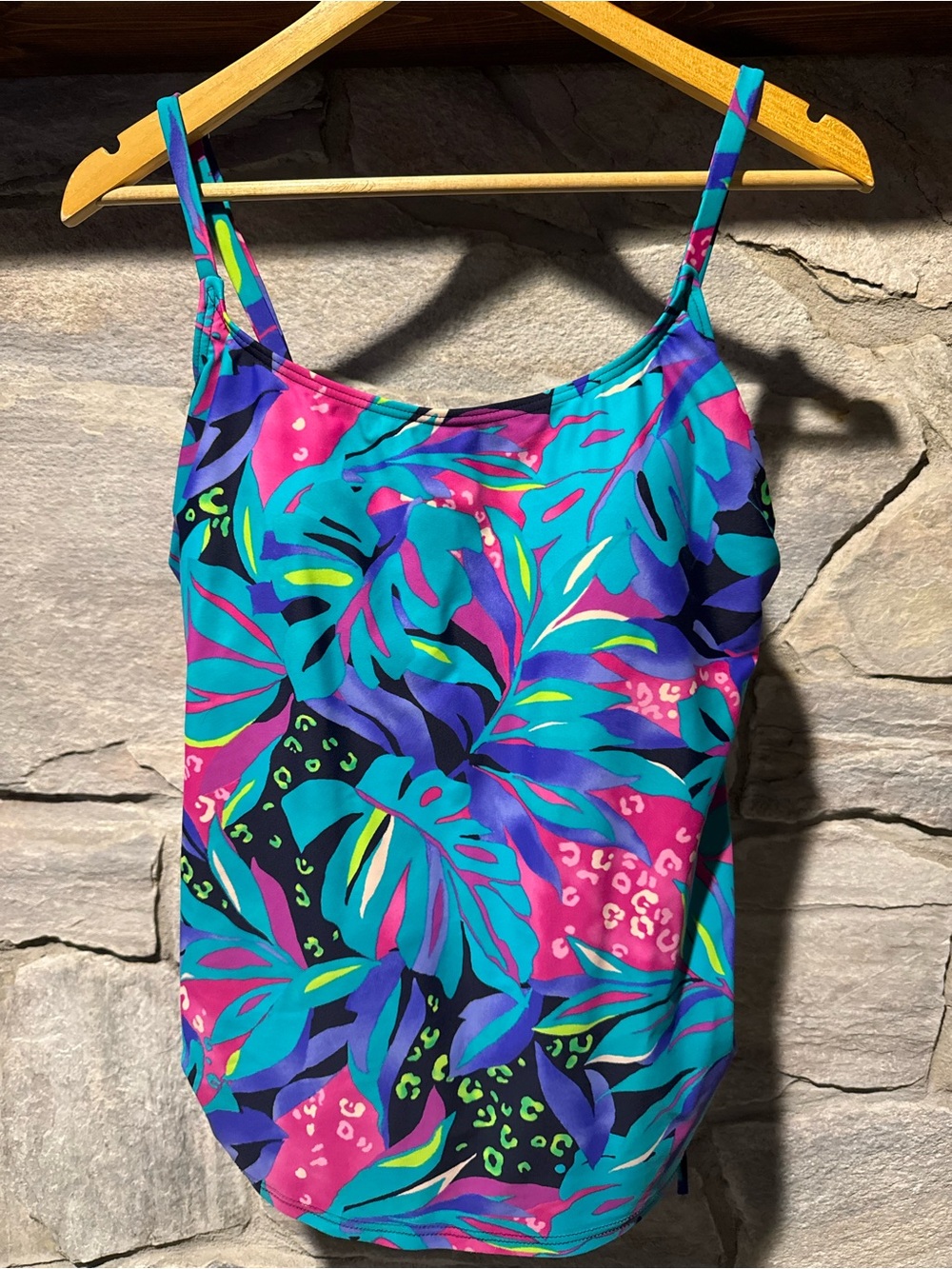 Tropical Print Spaghetti Strap Swimming Tankini- Teal, Purple & Hot Pink